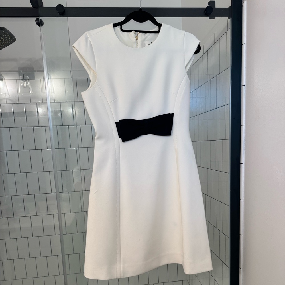 Ivory Fit-and-Flare Dress with Black Waist Bow
